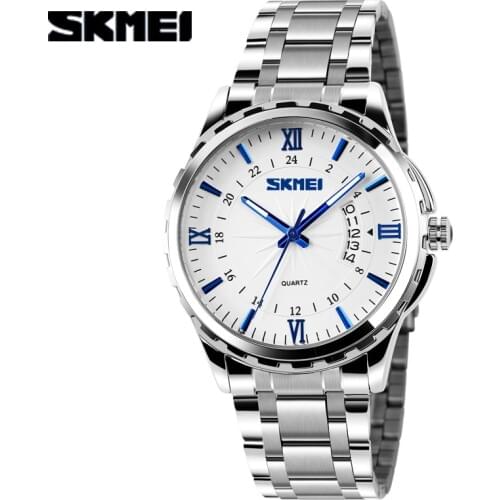 SKMEI New Fashion Men Stainless Steel Quartz Watches Mens Wristwatches Gold Analog Date Waterproof Male Clock relogio masculino