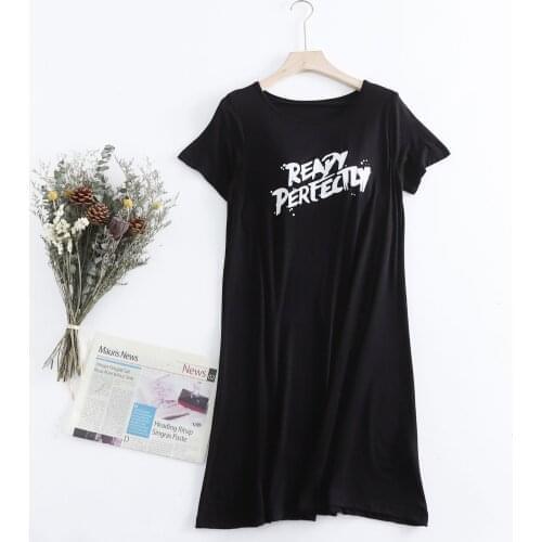 Black Casual Letter Print Nightdress Female Summer New Short Sleeve Loose Sleepwear O-Neck Modal Nightgown With Bra Home Pajama