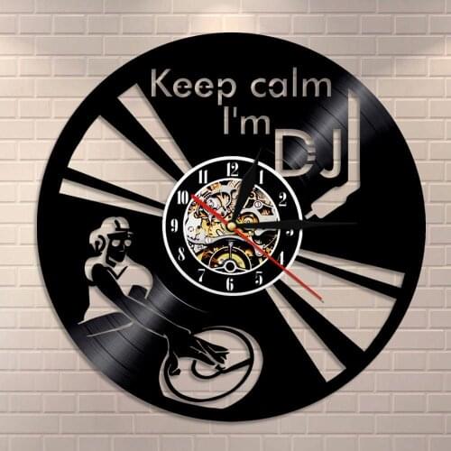 DJ Mixer Spinning Vinyl Record Player Turntables Hip Hop Vinyl Record Clock Funny Saying Keep Calm I'm DJ Wall Art Wall Clock