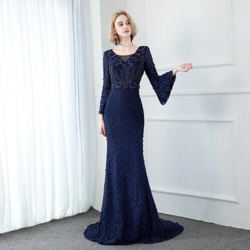 Elegant Navy Long Sleeve Lace Evening Dresses Muslim Crystal Pearls Mermaid Formal Evening Gowns 2020