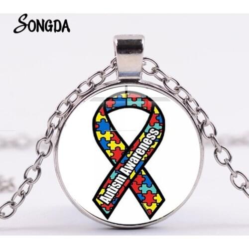 Fun Puzzle Piece Autism Awareness Necklace Mix Color Jigsaw Puzzle Ribbon Pendant Support Love Jewelry Friend Family Gift