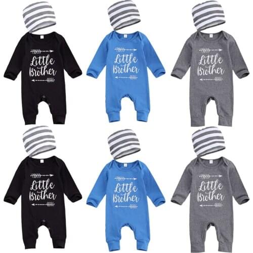 0-18M Newborn Infant Baby Boy’s Long-sleeved Jumpsuit Unique Letter Print Round Neck Long Pants and Hat 2Pcs