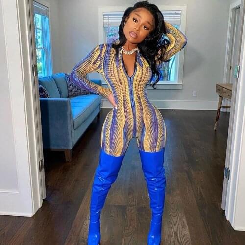 Snakeskin Print Long Sleeve Bodycon Rompers Womens Jumpsuit Fall Winter 2020 Fashion Skinny Slim One Piece Jumpsuits Clubwear