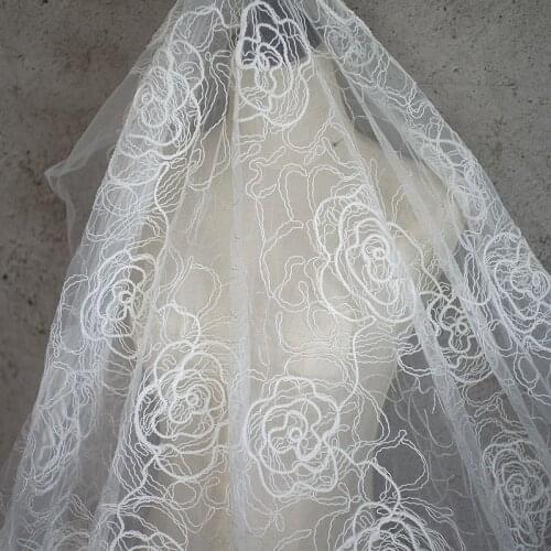 1meter price White mesh yarn embroidery lace fabric, 3D bone thread wedding dress fabric