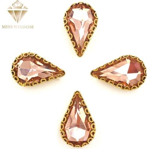 Hot selling 8X13mm Water red teardrop sew on rhinestones gold base with hole glass crystal pear shape rhinestone Diy accessories