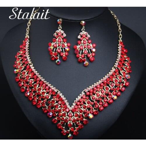 Fashion Red Rhinestone Drop Earrings Necklace Set Jewelry Sets Women Gold Color Choker Bridal Wedding Party Costume Accessories