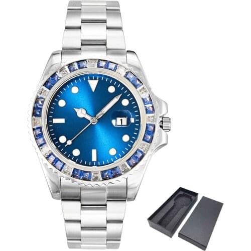 Iced Out Watch for Men Luxury CZ Diamond Blue Face Quartz Mens Watches Silver Stainless Steel Waterproof Relogio Masculino New
