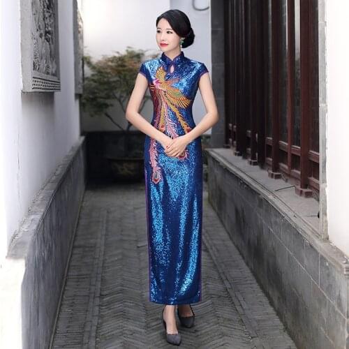 Plus Size 5XL Luxury Fashion Novelty Sequins Long Fork Qipao Stage Show Evening Dress Chinese Traditional Phoenix Cheongsam Gown