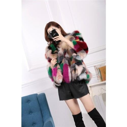 New womens genuine real natural fox fur coat with hood multi-color colorful fashion warm winter waistcoats jacket