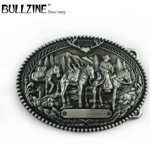 The Bullzine wholesale western horse belt buckle with pewter finish FP-03573 for 4cm width snap on belt