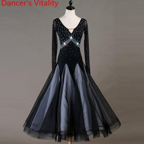 Professional Women Ballroom Dance Dress 2019 New Long Sleeves Big Swing Dresses Latin Waltz Dance Performance Practice Costumes