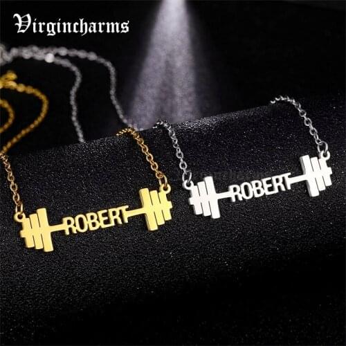 Custom Personalized Dumbbell Name Stainless Steel Gold Necklaces for Boys Fashion Nameplate Jewelry Pendant Necklace 2020 New