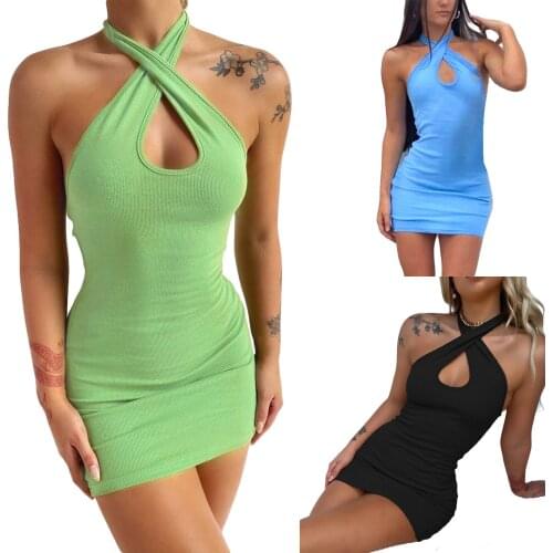 Y2K Sexy Halter Sleeveless Dress Womens Round Neck Low-Cut High-Waist Tight-fitting Mini Skirt Hollow Backless Hip Dress /F