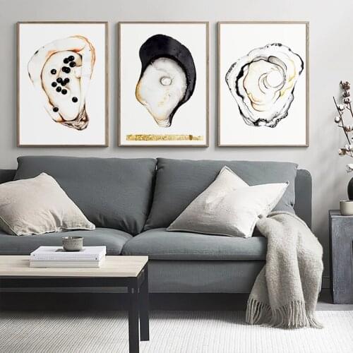Modern Wall Art Canvas Painting Three Delicious Oysters Pearl Caviar Poster Print Seafood Shop French Restaurant Decor Picture