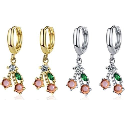 Womens Fashion Cute Lovely Fruit Hoop Earrings With Pink Cherry Green Leaf Cubic Zircon Stone Pendant Huggies Earring Jewelry