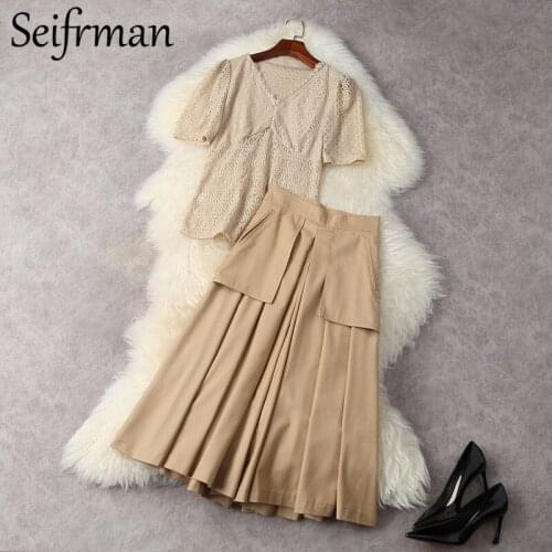 Seifrmann New 2021 Summer Women Fashion Fashion Runway Pants Set Short Sleeve Lace Tops+High Waist Wide Leg Printed Pants Suits