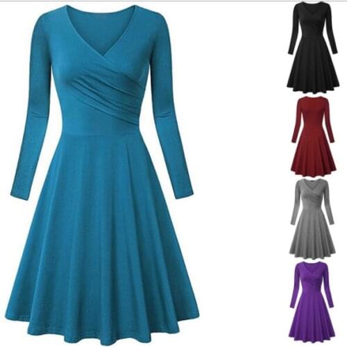 2018 Autumn And Winter New Womens Dress Pleated V-neck Slim Long-sleeved High Waist Dress For Women