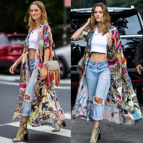 2020 Bohemian Printed Summer Beach Wrap Dress Women Beachwear Cotton Tunic Chinese Style Sexy Front Open Kimono Dress Pareo