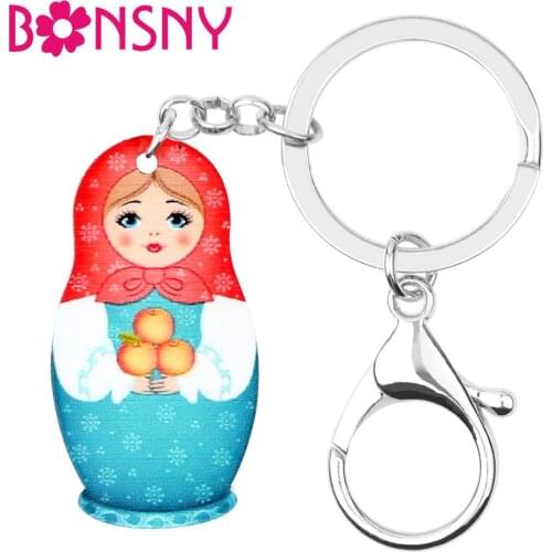 Bonsny Acrylic Orange Matryoshka Russian Doll Girl Key Chains Key Rings Bag Car Purse Decorations Keychains For Women Girls Gift