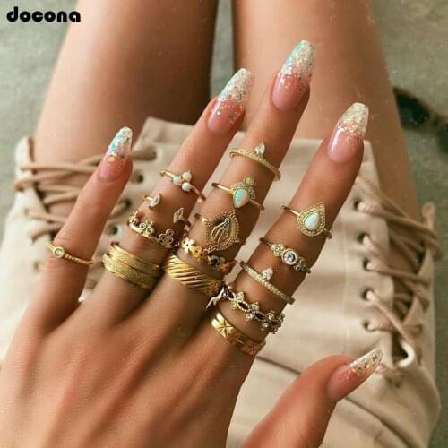 Docona Retro Gold Virgin Mary Flower Drop Crystal Joint Ring Set for Ladies Geometric Rhinestone Midi Rings Anillos 9761