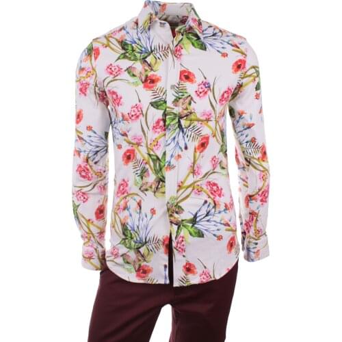 Gentilbay Mens Winter Hawaiian Flower Printed Lcyra White Slimfit Long-Sleeve Sport Shirt LCD001