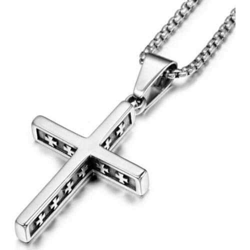 Classic Christian Silver Plated Stainless Steel Jesus Cross Pendant Necklace Religious Style Mens Personality Amulet Jew
