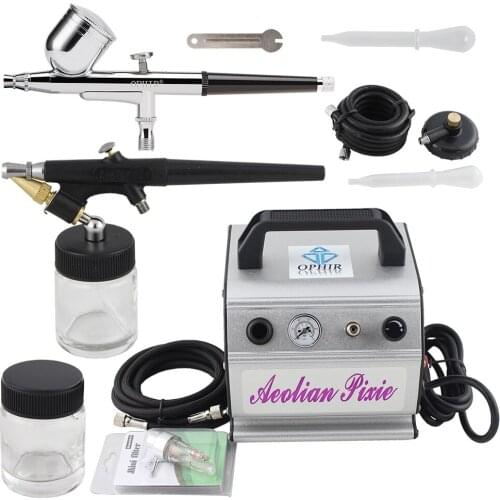 OPHIR 2 Airbrushing Guns & 110V 220V Air Compressor Dual Action Airbrush Set for Nail Art Body Paint Model Hobby _AC088+004+071