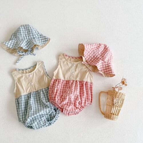 Summer New Baby Girls Stitching Color Romper Get Hat Free