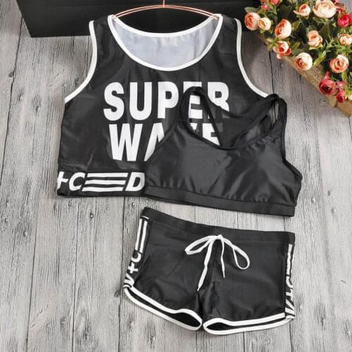 2021 New Women Black Letter Three-Piece Bikini Set Padded Bathing Suit Sport Swimwear Sexy Biquinis Swimsuit Swimming Beachwear