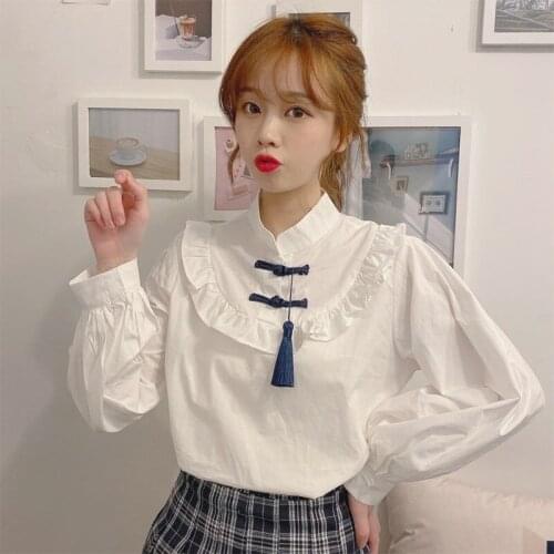 2021 Spring Autumn New Women Fashion White Stand Collar Shirts Disc Button Tops College Style Long-sleeved Blouse Blusa Y399