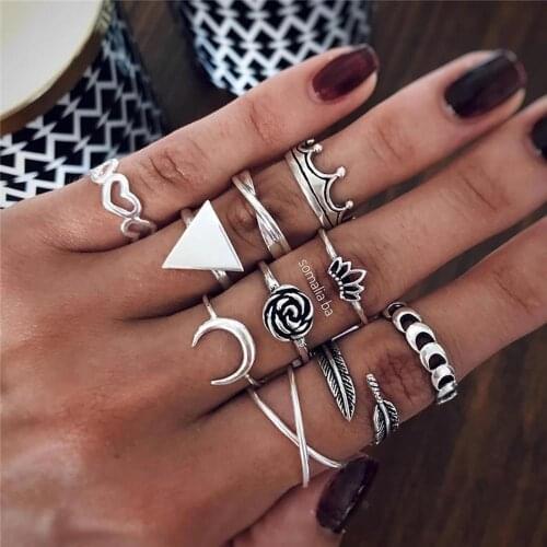 Charm Midi Finger Ring Sets for Women Vintage Silver Color Crown Moon Leaf Flower Boho Knuckle Ring Party Punk Jewelry