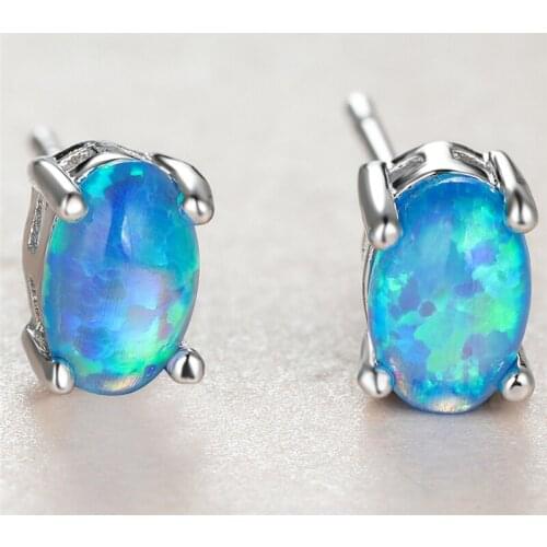 Simple Female Blue Opal Stone Earrings Charm Silver Color Small Stud Earrings Dainty Bride Oval Wedding Earrings For Women
