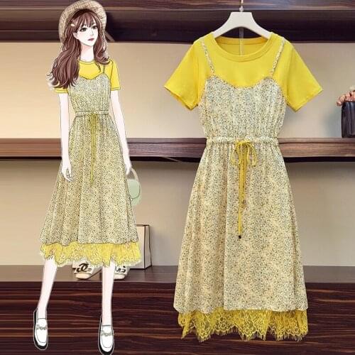 Plus Size Summer Fake Two Patchwork Short Sleeve O--Neck A-Line Floral Print Yellow Black White Cocktail Dresses 9532
