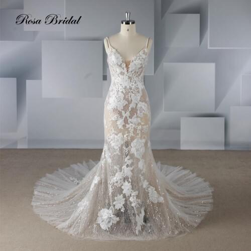 Rosabridal mermaid wedding dress Modern style V-neckline backless bridal gown