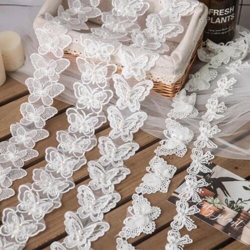 1 Yard Butterfly Embroidered Lace Trim Ribbon Pearl Beaded Applique DIY Sewing Craft Wedding Bridal Dress Decoration S03 21
