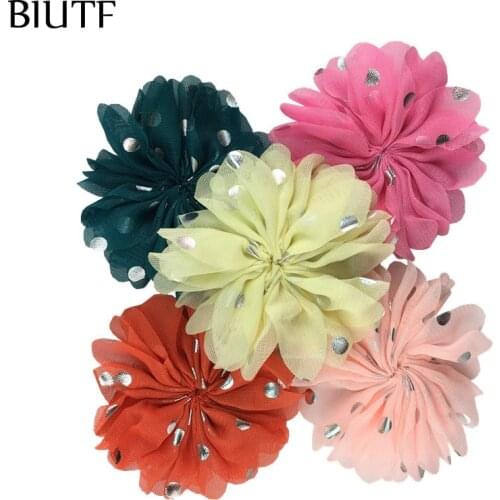 10pcs/lot Mix colors 3.2'' Silver Polka Dot Chiffon Flower with Hair Clip Kids Headwear Hairpin Accessories On Sale