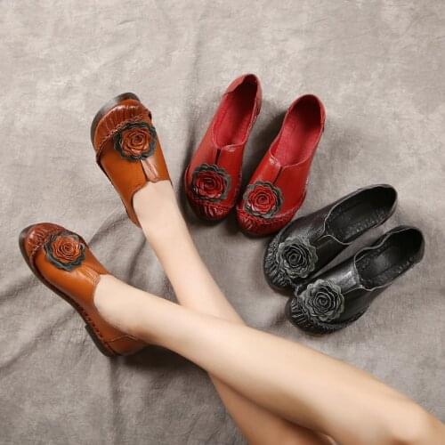 Womens Flats Casual Genuine Leather Flower Round head Paint surface Shoes Woman Moccasins Ladies Driving Shoe soft Comfortable