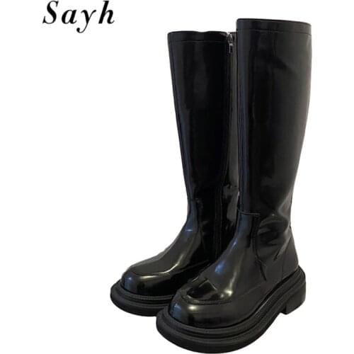 Woman Knee High Boots Round Toe Women Riding Boots Chunky Heels Shiny Patent Leather Boots Shoes Combat shoes
