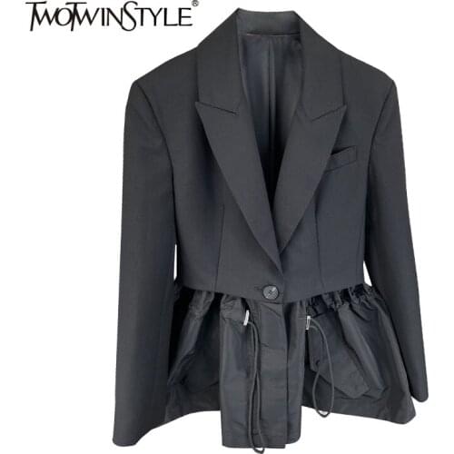 TWOTWINSTYLE Minimalist Solid Fold Pleated Female Blazer Notched Long Sleeve Loose Waist Patchwork Womens Coat 2021 Autumn New