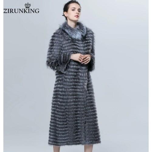 ZIRUNKING Autumn Luxury X-Long Style Real Silver Fox Fur Coat For Women Natural Fur Classic Stripe Syle Long Outerwear ZCW-18YL
