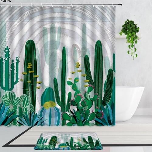 3D Tropical Plants Cactus Shower Curtains Green Plants Flowers Nordic Art Decor Bathroom Bath Curtain Non-Slip Carpet Door Mats