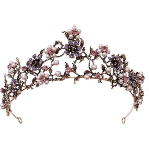 Baroque Vintage Black Purple Crystal Flower Pearls Bridal Crown Rhinestone Pageant Diadem Veil Tiaras Wedding Hair Accessories
