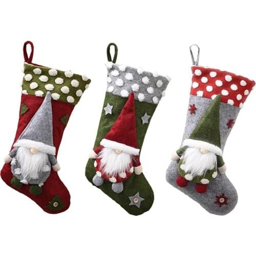 Christmas Large Stocking with 3D Faceless Doll Pendant Xmas Candy Gift Bag Fireplace Xmas Tree Hanging New Year Decoration