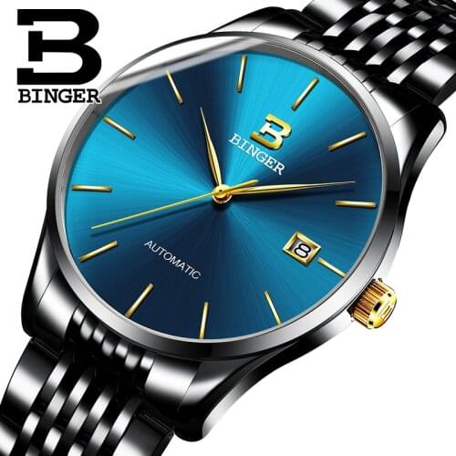 Switzerland BINGER Fashion Simple Blue Watch Men Luxury Brand Watches Male Automatic Mechanical Mens Watches Sapphire relogio