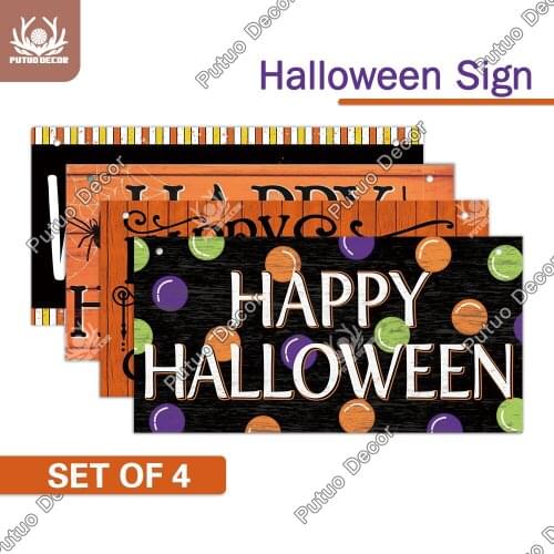 Putuo Decor 4PCS Happy Halloween Wood Signs Wooden Plaque Wood Poster Festival Hanging Plate Pumpkin Home Wall Decoration Gifts