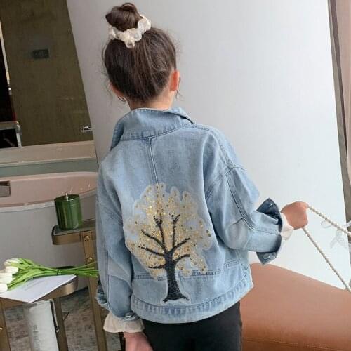 Spring autumn girls coat denim jacket children clothes kids jacket fashion embroidery sequins outerwear cowboy toddle teens coat
