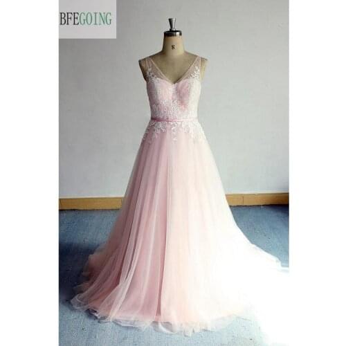Tulle Satin Appliques Lace Sleeveless V-Neck A-line Wedding Dress Chapel Train Real/Original Photos Custom made