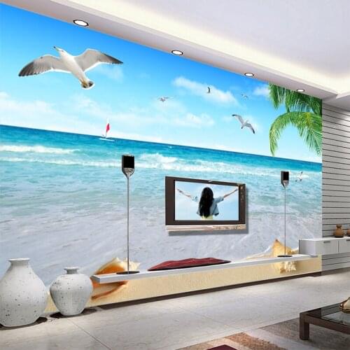 Customized Any Size Coconut Sea Gull Seascape Photo Mural Wall Cloth Living Room TV Sofa Home Decorated Waterproof Wall Paper
