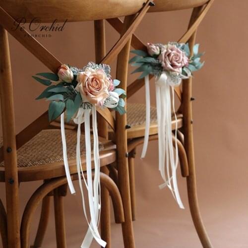 PEORCHID Artificial Rose Chair Back flower Eucalyptus Champagne Pink Rustic Wedding Car Decoration Bridal Bouquet Accessories