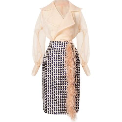 SeeBeautiful New Fashion 2020 Autumn Lapel Lace-up Loose Shirt Feather Tassels Half-body Skirt Set Women Tide N656